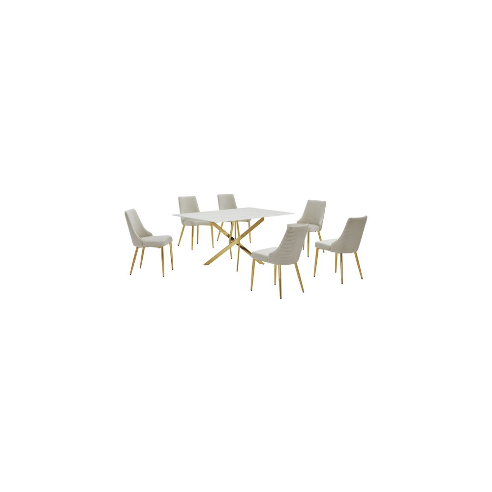Best Quality Furniture White Marble Wrap Glass Dining Set With Velvet Chairs. Picture 1