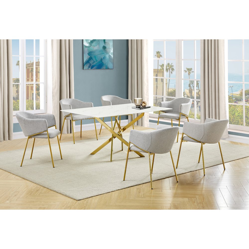 Rectangle Marble Wrap Tempered Glass Dining Table With 6 Linen Gray Side Chairs. Picture 2