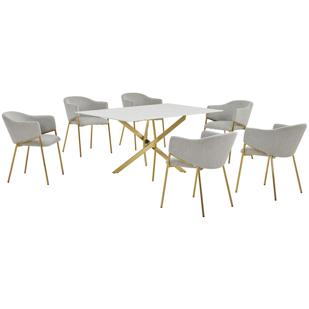 Rectangle Marble Wrap Tempered Glass Dining Table With 6 Linen Gray Side Chairs. Picture 1