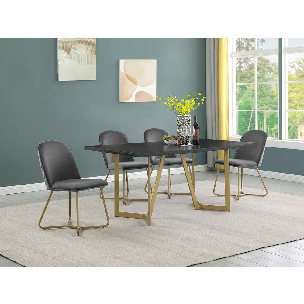 5pc rectangle dining table- Black wood top w/ 4 Dark grey velvet side chairs. Picture 5