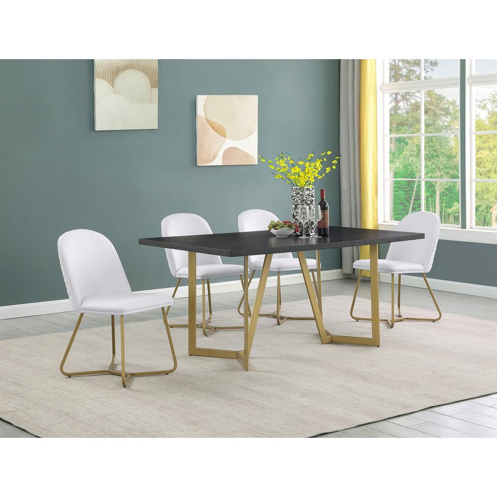 5pc rectangle dining table- Black wood top w/ 4 white faux leather chairs. Picture 5