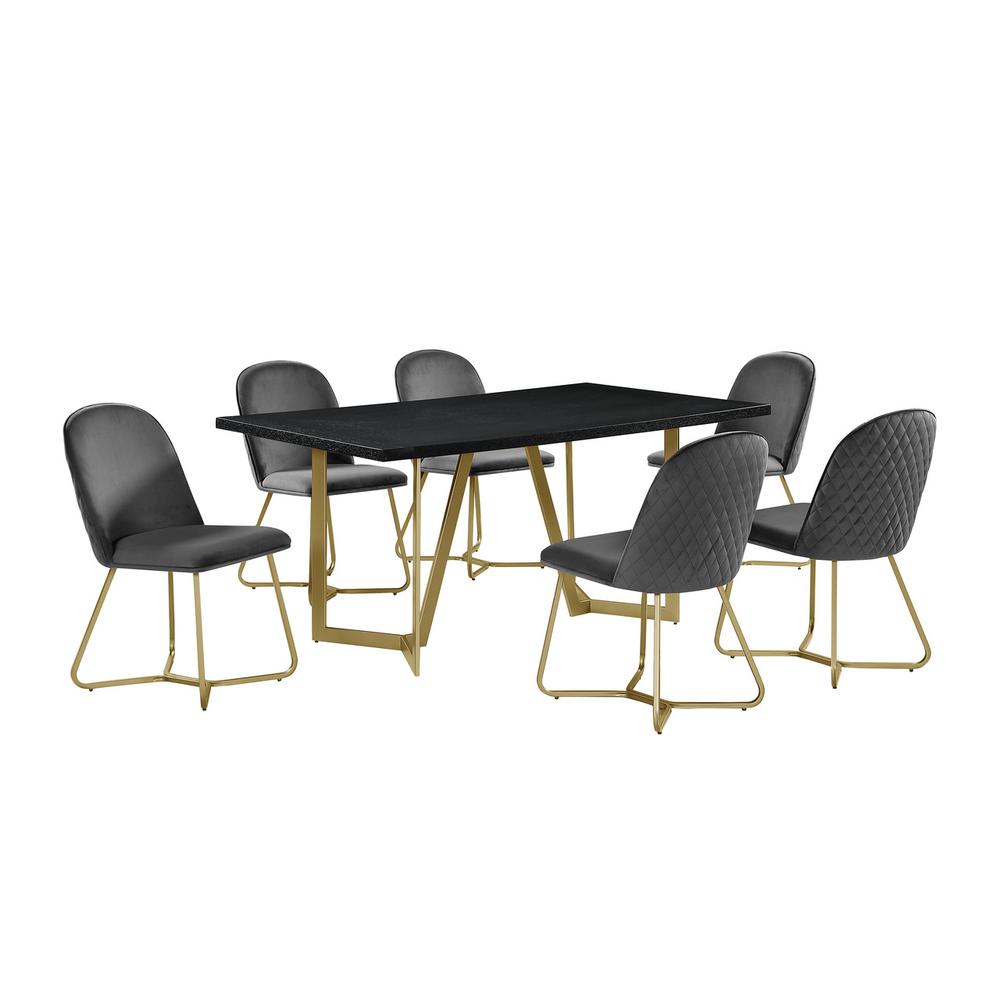 7pc rectangle dining table- Black wood top w/ 6 Dark grey velvet side chairs. Picture 1