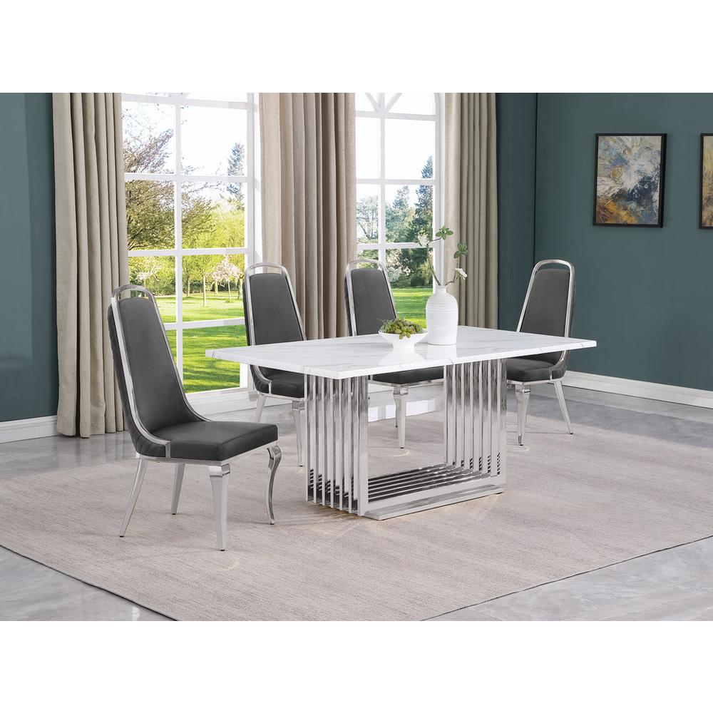 5pc Small(68") marble top dining set with silver base and 4 Dark grey chairs. Picture 5