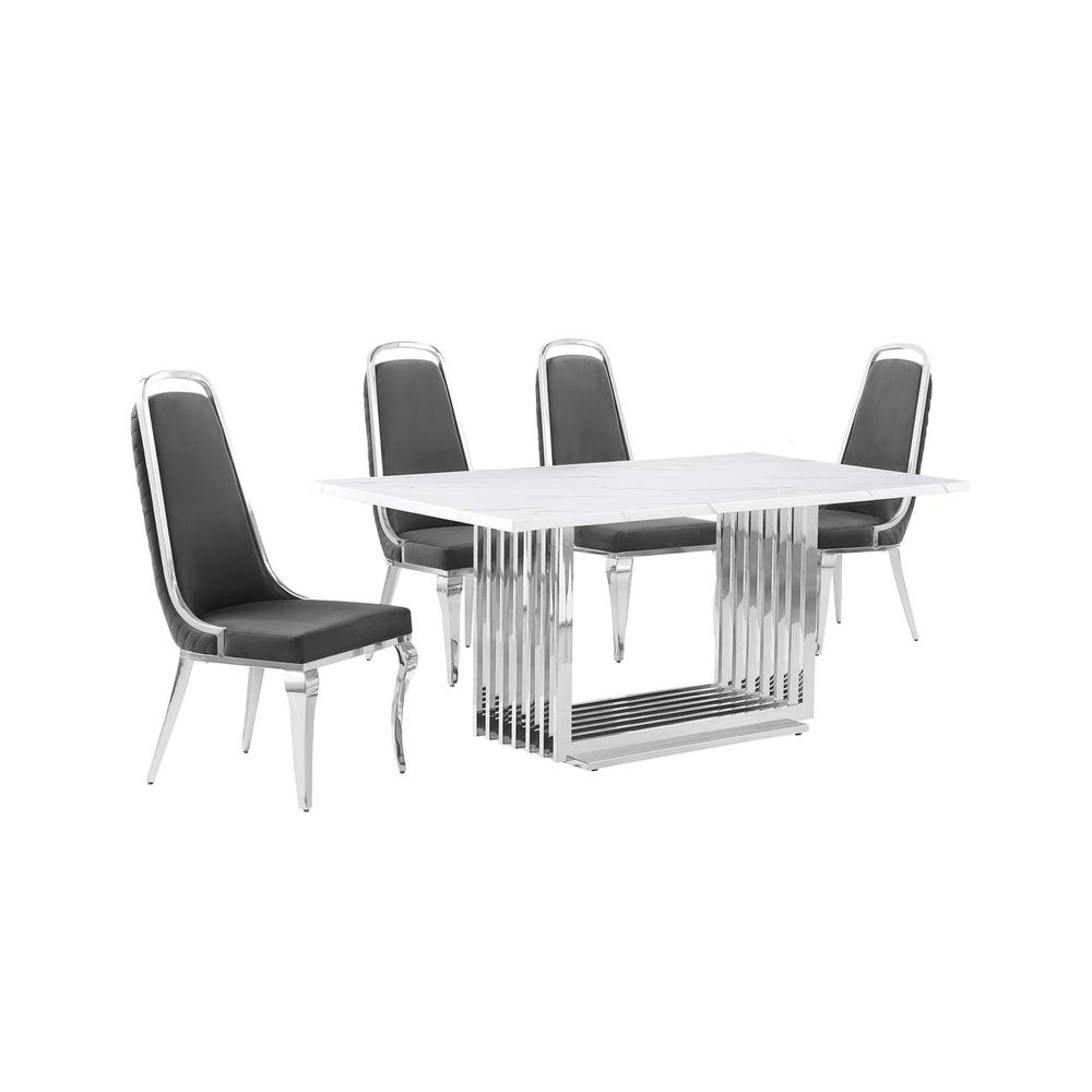 5pc Small(68") marble top dining set with silver base and 4 Dark grey chairs. Picture 1