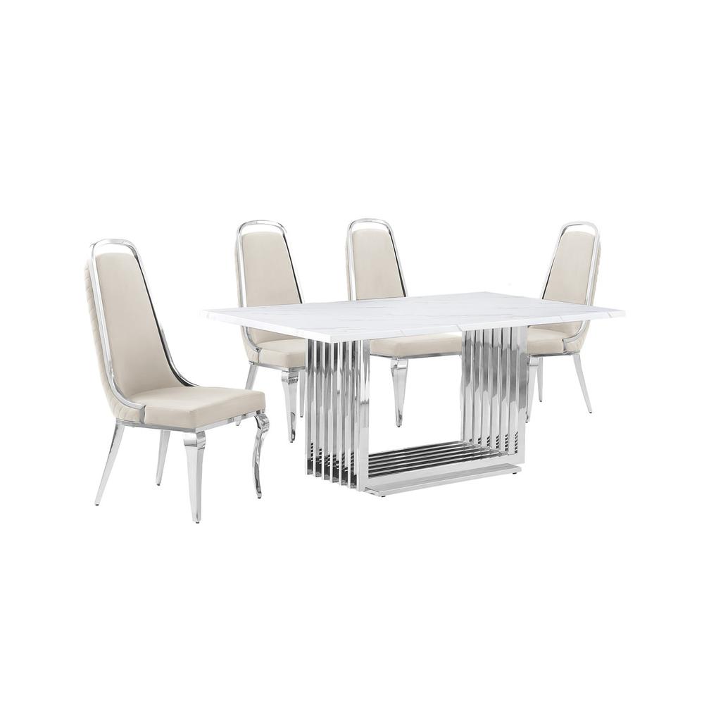 5pc Small(68") marble top dining set with silver base and 4 Cream side chairs. Picture 1