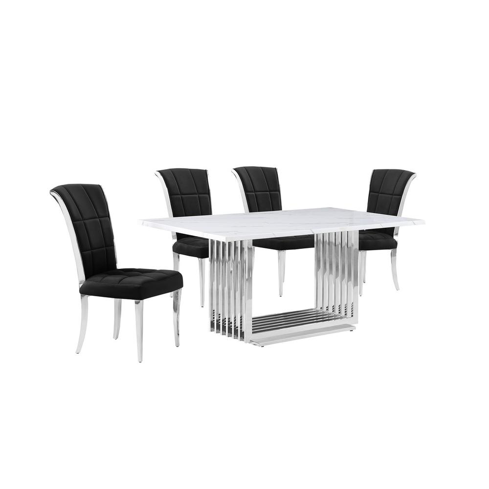 5pc Small(68") marble top dining set with silver base and 4 Black side chairs. Picture 1