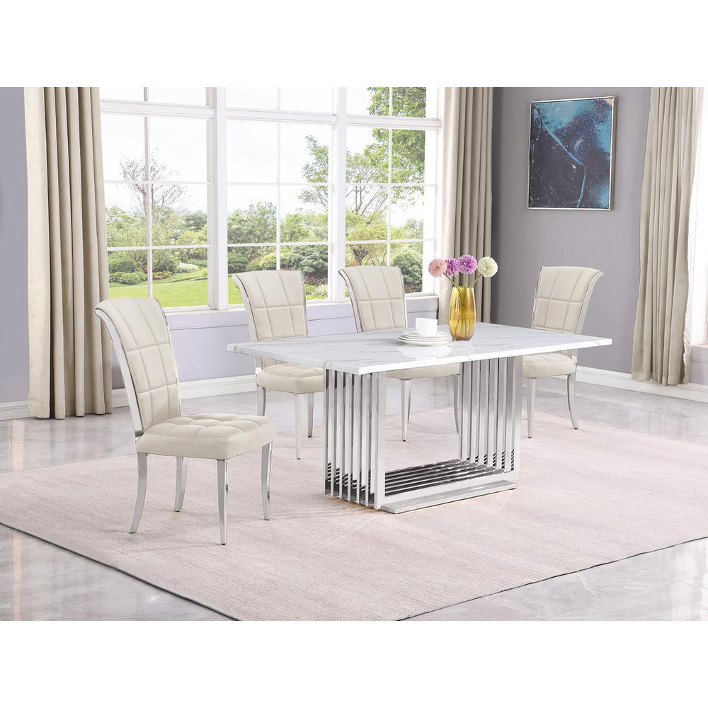 5pc Small(68") marble top dining set with silver base and 4 Cream side chairs. Picture 5