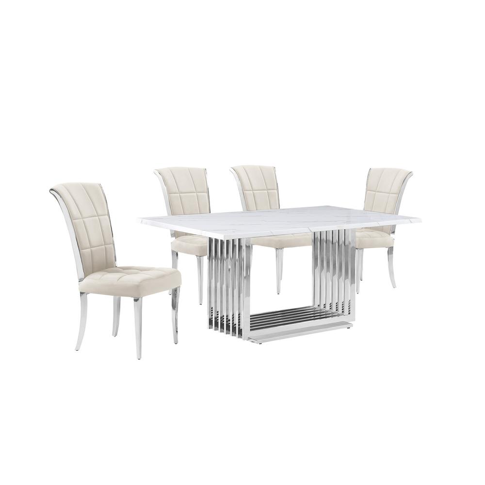 5pc Small(68") marble top dining set with silver base and 4 Cream side chairs. Picture 1