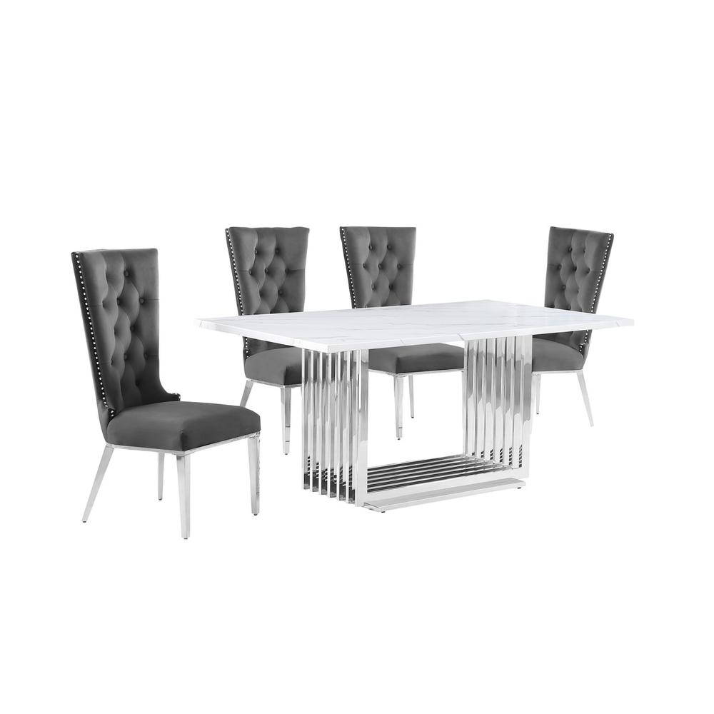 5pc Small(68") marble top dining set with silver base and 4 Dark grey chairs. Picture 1