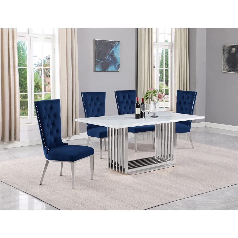 5pc Small(68") marble top dining set with silver base and 4 Navy Blue chairs. Picture 5