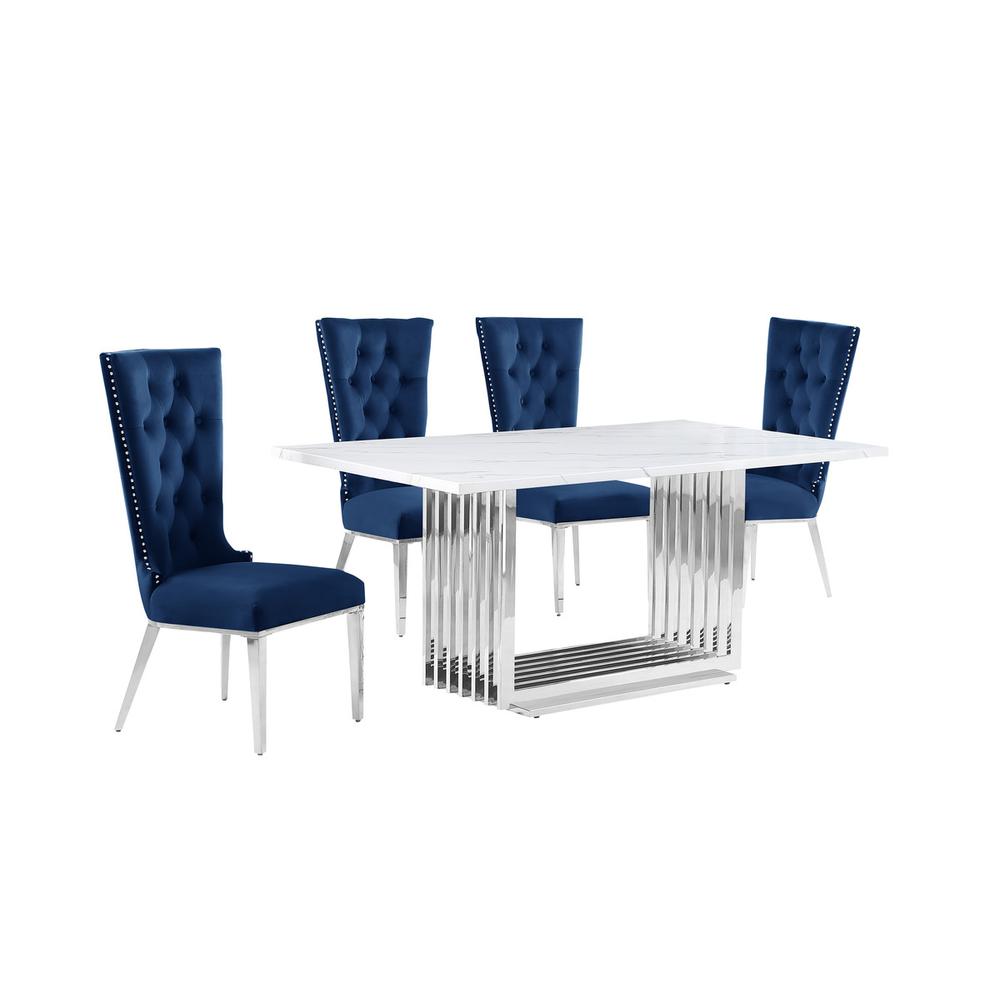5pc Small(68") marble top dining set with silver base and 4 Navy Blue chairs. Picture 1