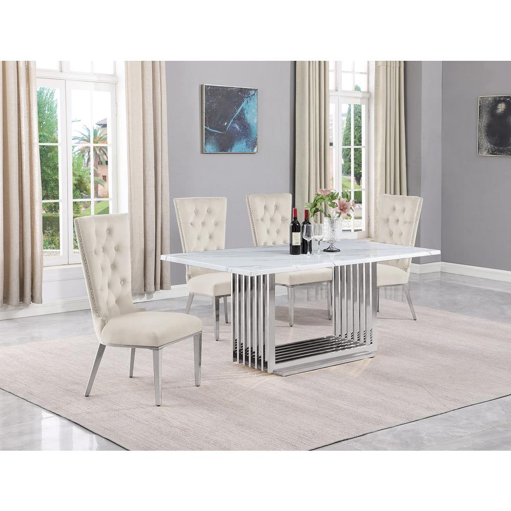 5pc Small(68") marble top dining set with silver base and 4 Cream side chairs. Picture 5