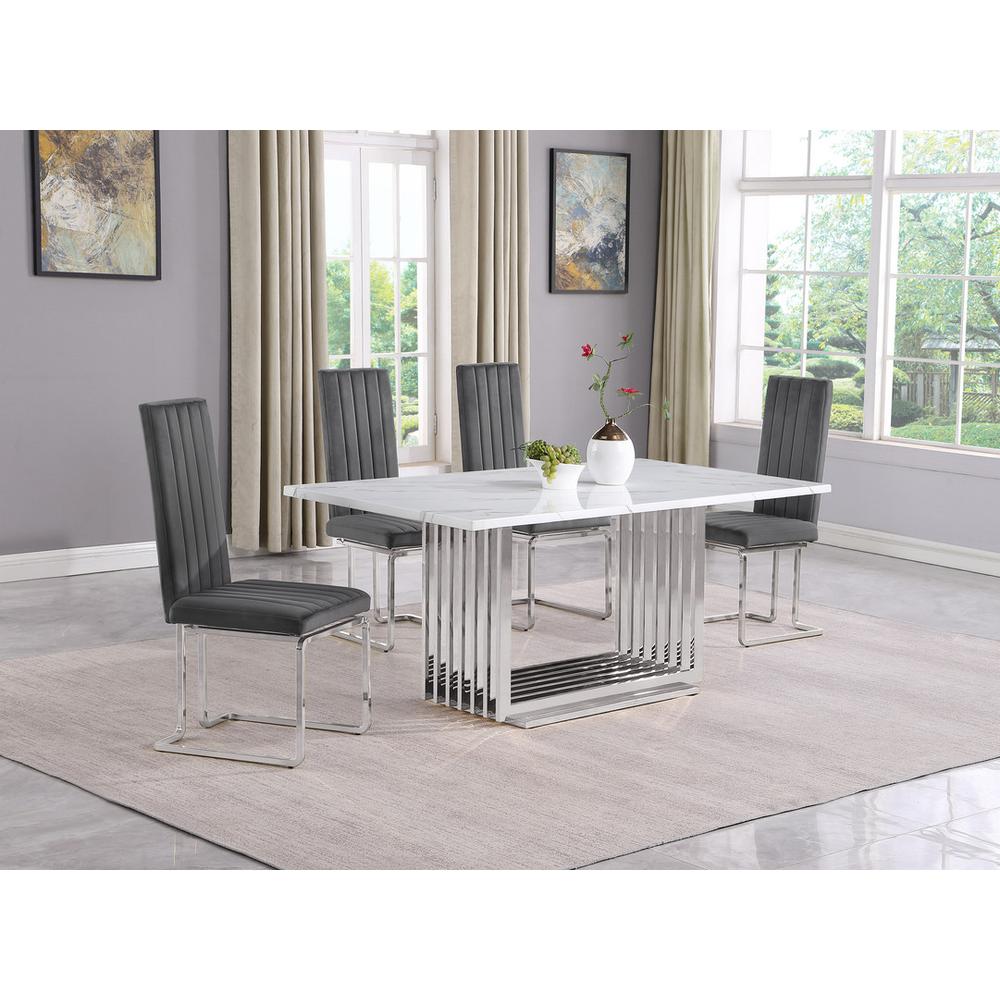5pc Small(68") marble top dining set with silver base and 4 Dark grey chairs. Picture 5