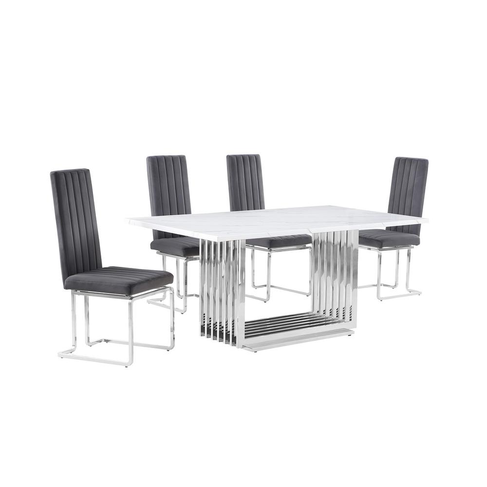 5pc Small(68") marble top dining set with silver base and 4 Dark grey chairs. Picture 1