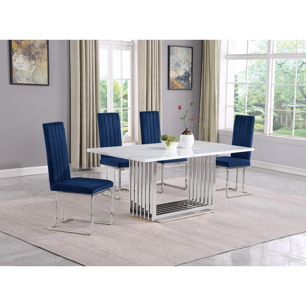 5pc Small(68") marble top dining set with silver base and 4 Navy Blue chairs. Picture 5