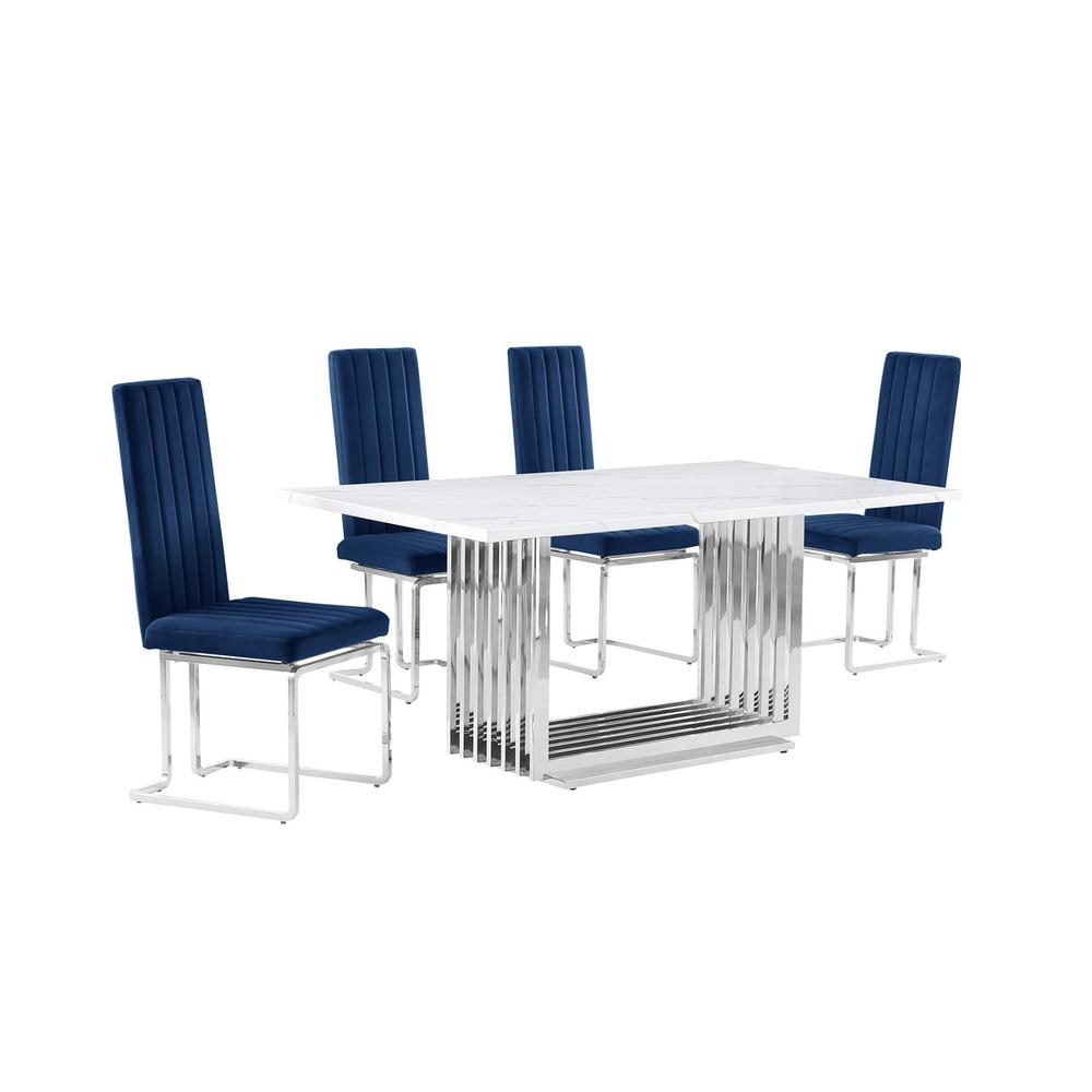 5pc Small(68") marble top dining set with silver base and 4 Navy Blue chairs. Picture 1