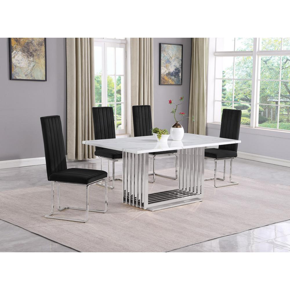 5pc Small(68") marble top dining set with silver base and 4 Black side chairs. Picture 5