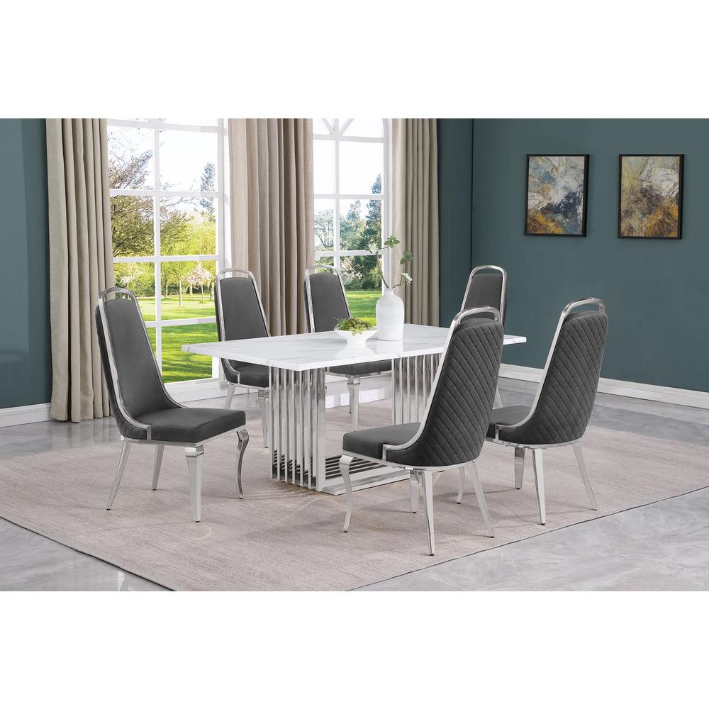 7pc Small(68") marble top dining set with silver base and 6 Dark grey chairs. Picture 4