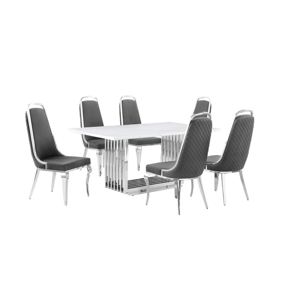 7pc Small(68") marble top dining set with silver base and 6 Dark grey chairs. Picture 1