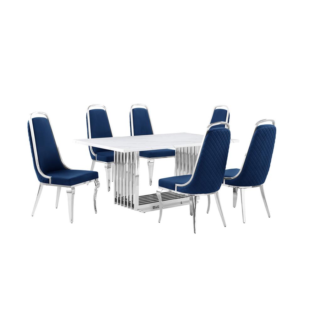 7pc Small(68") marble top dining set with silver base and 6 Navy Blue chairs. Picture 1
