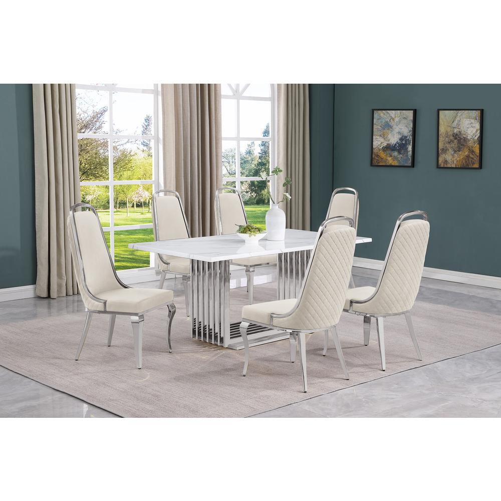 7pc Small(68") marble top dining set with silver base and 6 Cream side chairs. Picture 5