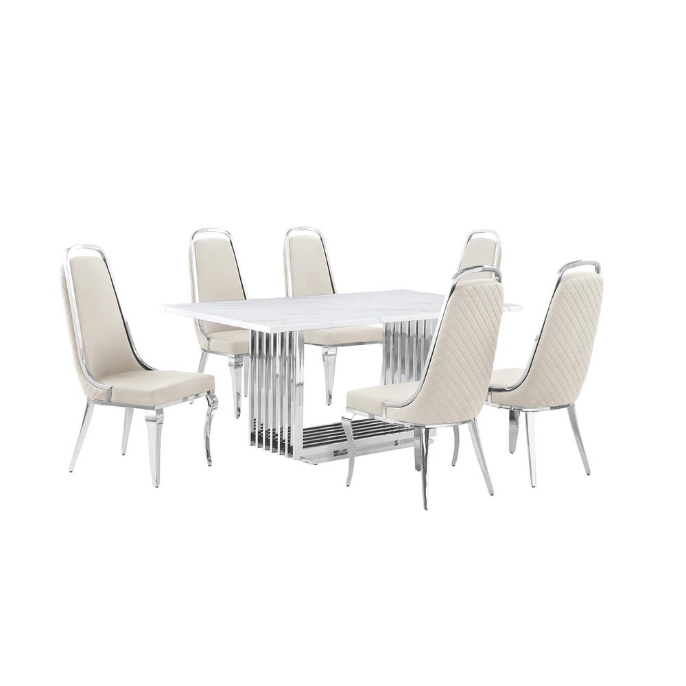 7pc Small(68") marble top dining set with silver base and 6 Cream side chairs. Picture 1