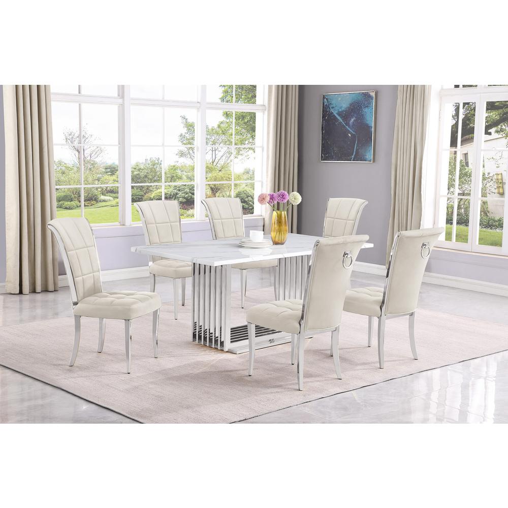 7pc Small(68") marble top dining set with silver base and 6 Cream side chairs. Picture 5