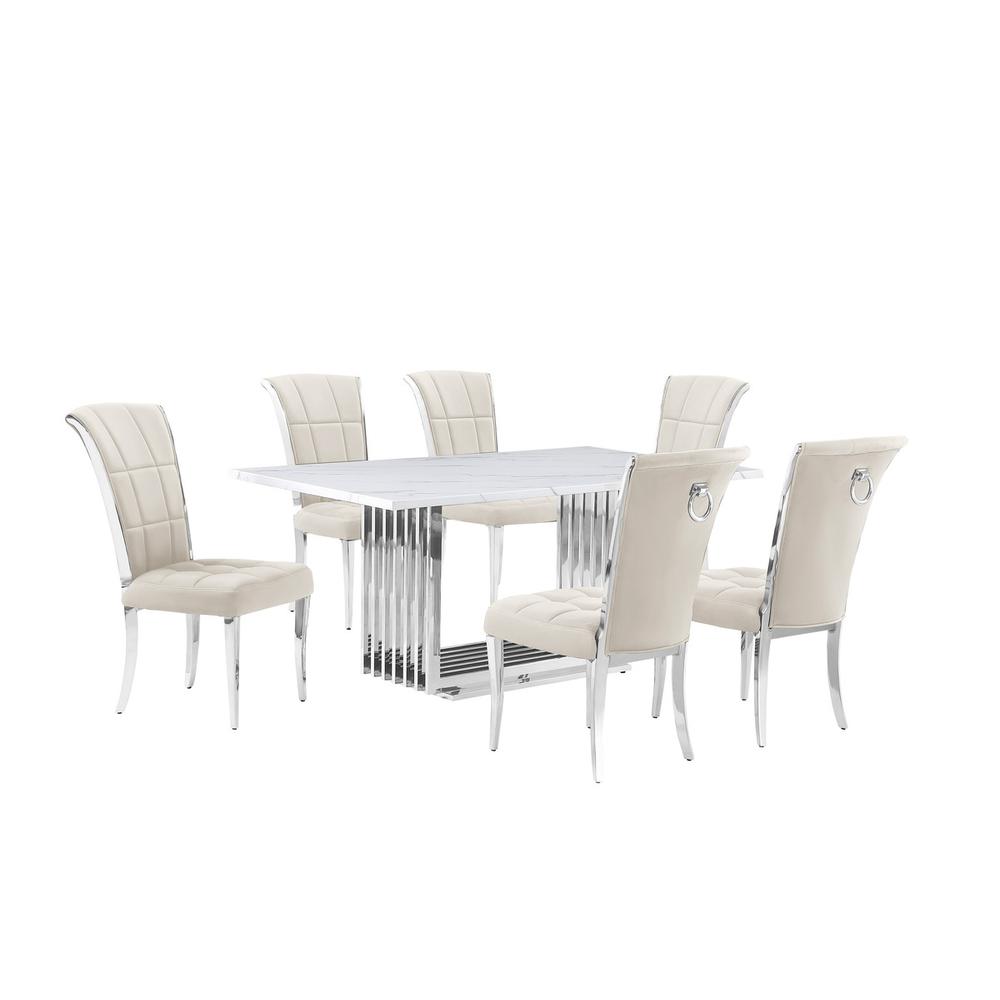 7pc Small(68") marble top dining set with silver base and 6 Cream side chairs. Picture 1
