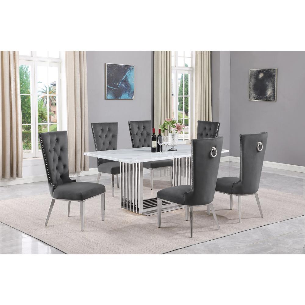 7pc Small(68") marble top dining set with silver base and 6 Dark grey chairs. Picture 5