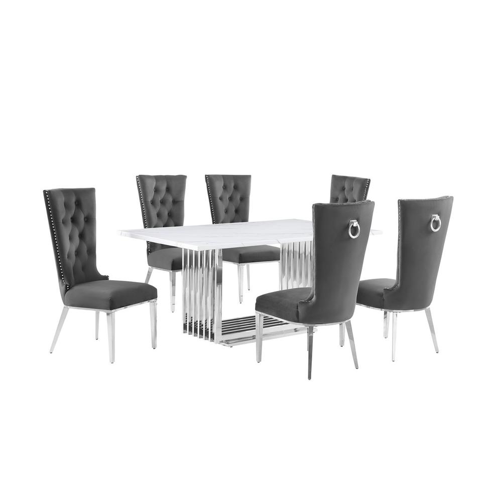 7pc Small(68") marble top dining set with silver base and 6 Dark grey chairs. Picture 1