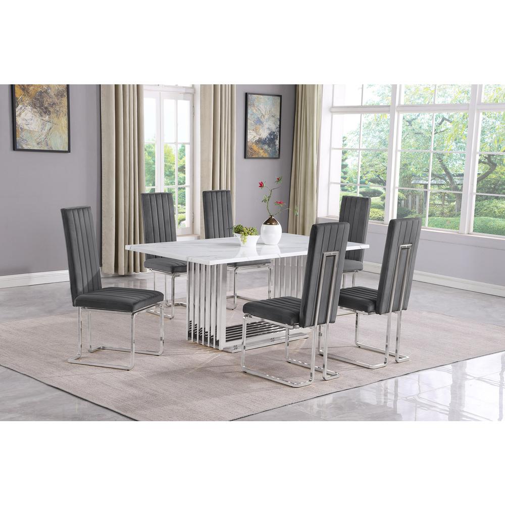 7pc Small(68") marble top dining set with silver base and 6 Dark grey chairs. Picture 5