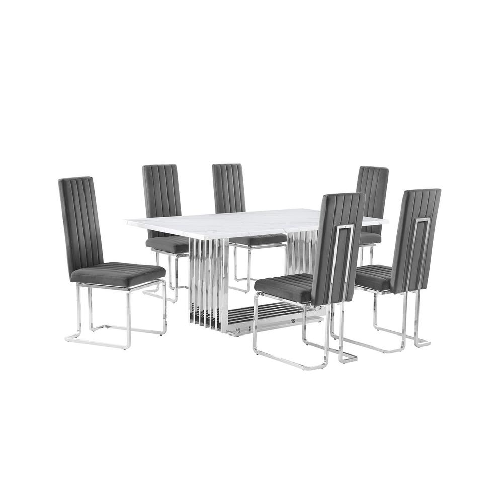 7pc Small(68") marble top dining set with silver base and 6 Dark grey chairs. Picture 1