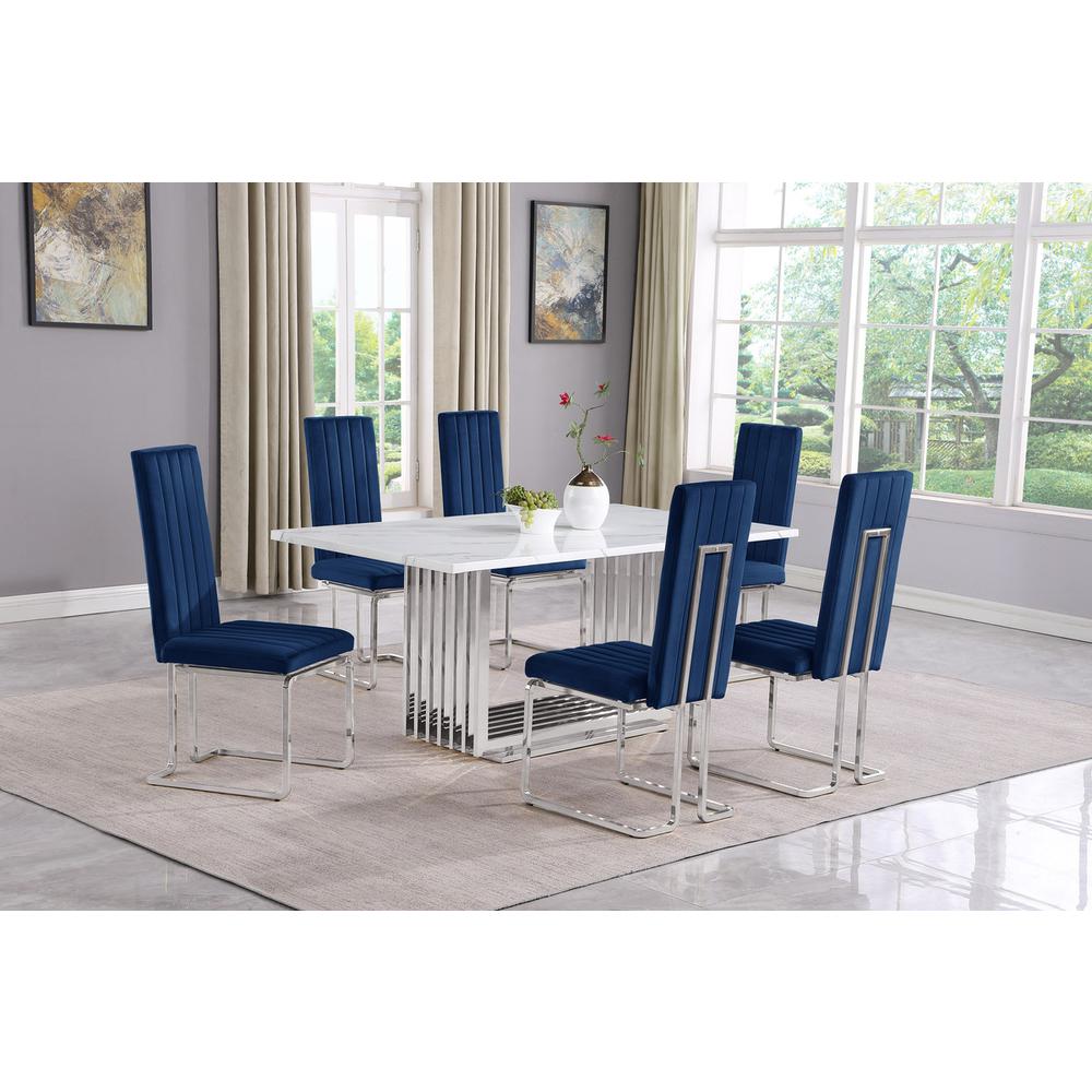 7pc Small(68") marble top dining set with silver base and 6 Navy Blue chairs. Picture 5