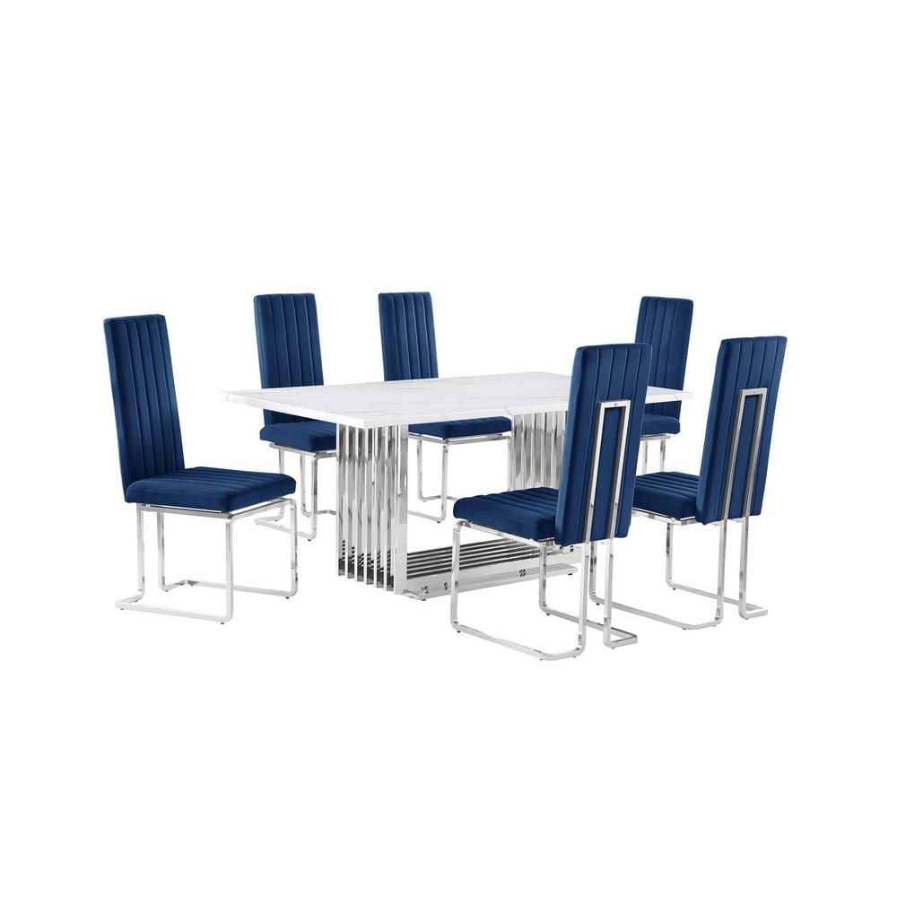 7pc Small(68") marble top dining set with silver base and 6 Navy Blue chairs. Picture 1