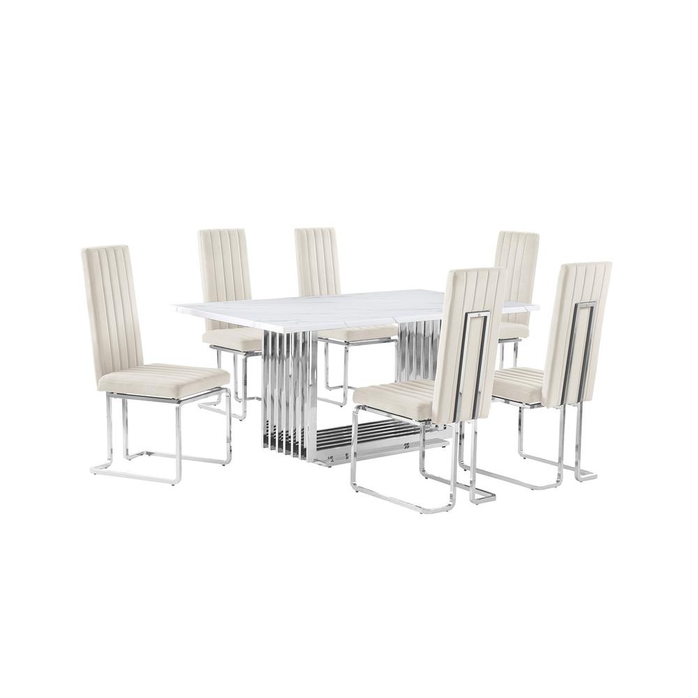 7pc Small(68") marble top dining set with silver base and 6 Cream side chairs. Picture 1