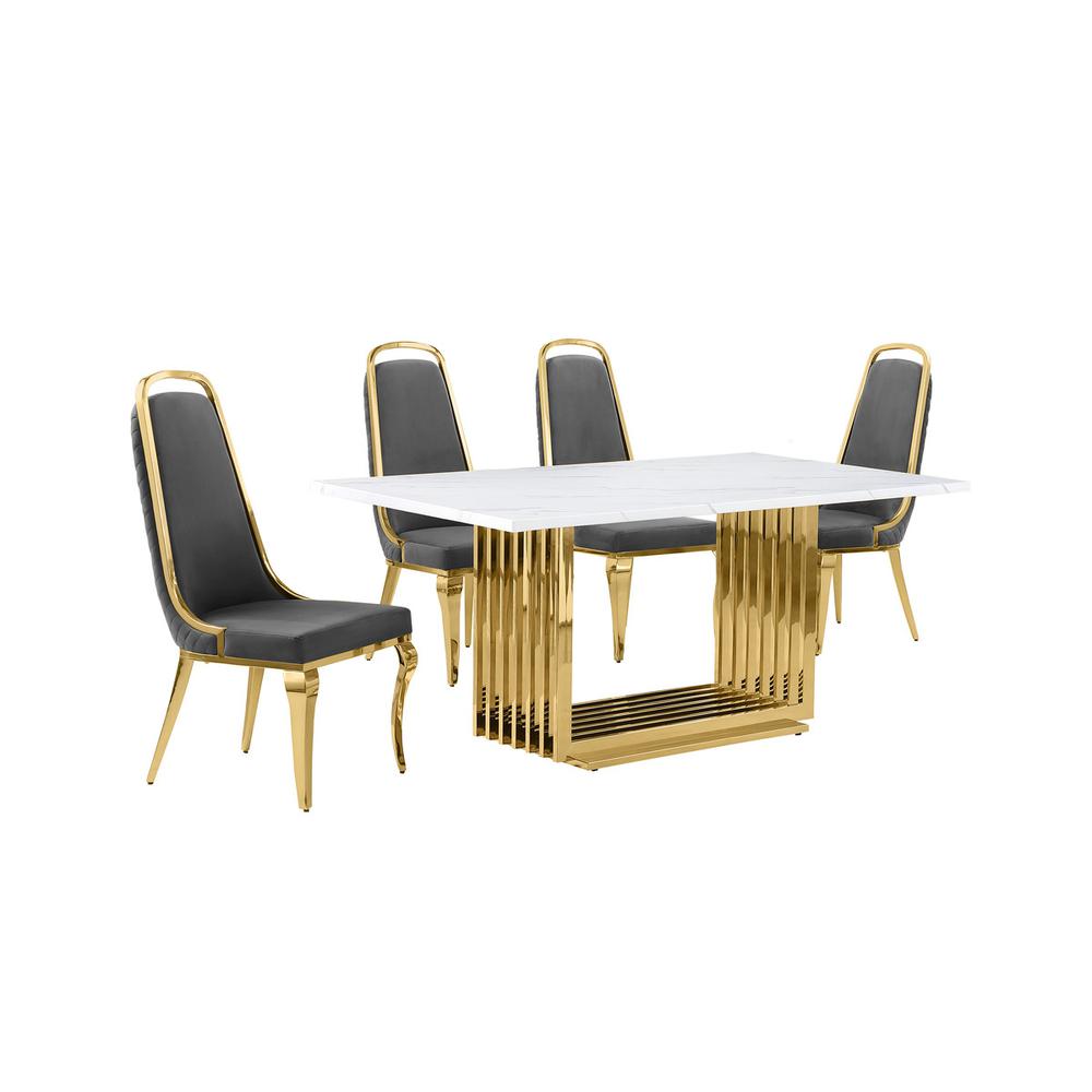 5pc Small(68") marble top dining set with gold base and 4 Dark grey side chairs. Picture 1