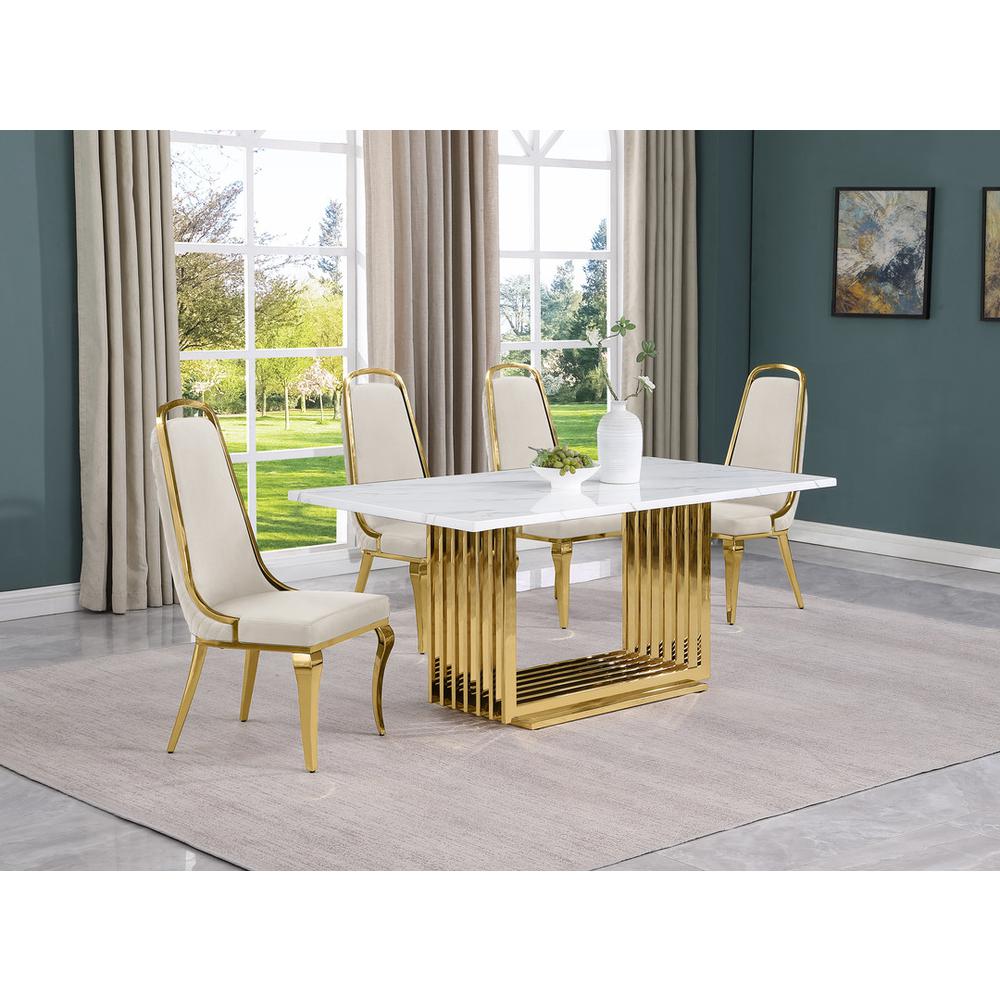 5pc Small(68") marble top dining set with gold base and 4 Cream side chairs. Picture 5