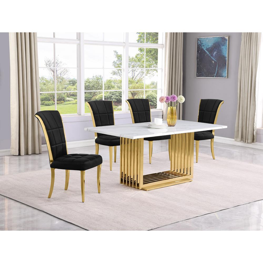 5pc Small(68") marble top dining set with gold base and 4 Black side chairs. Picture 5