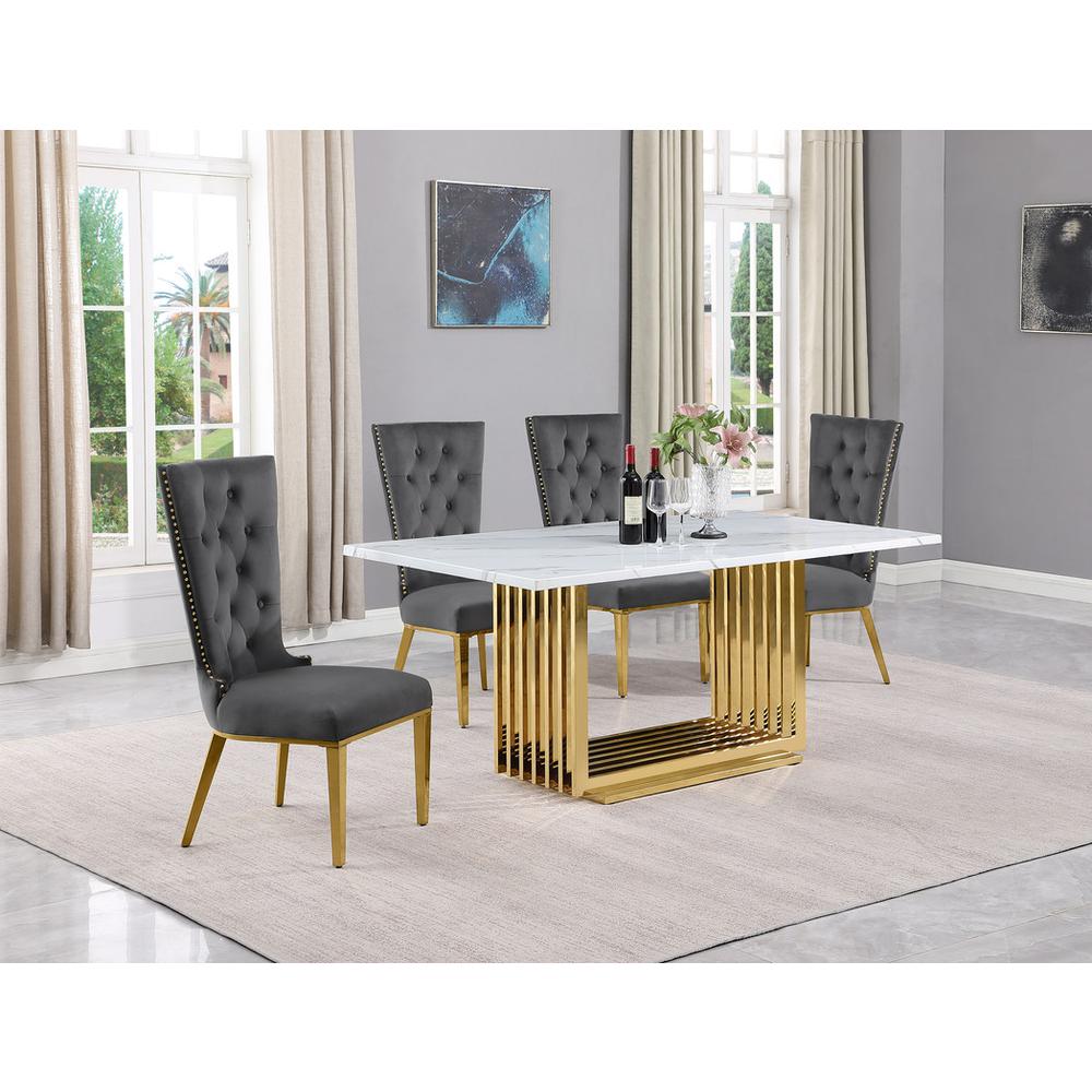 5pc Small(68") marble top dining set with gold base and 4 Dark grey side chairs. Picture 5
