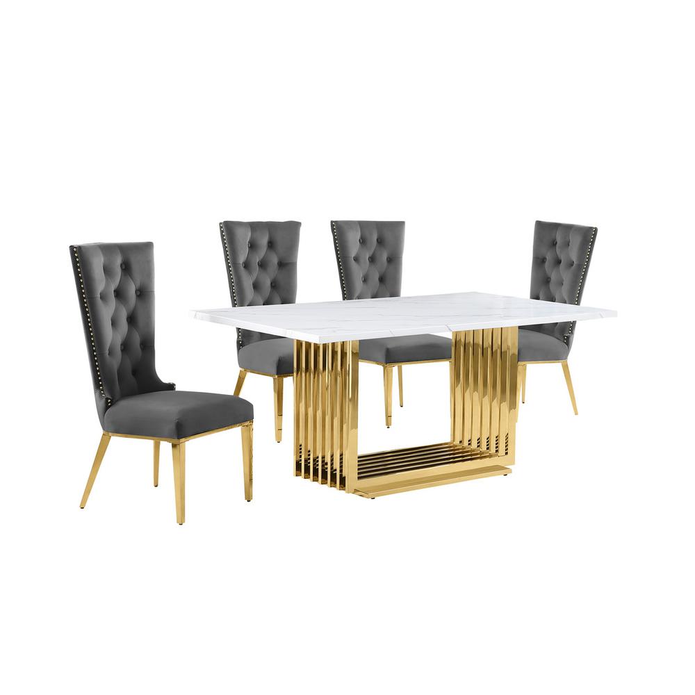 5pc Small(68") marble top dining set with gold base and 4 Dark grey side chairs. Picture 1
