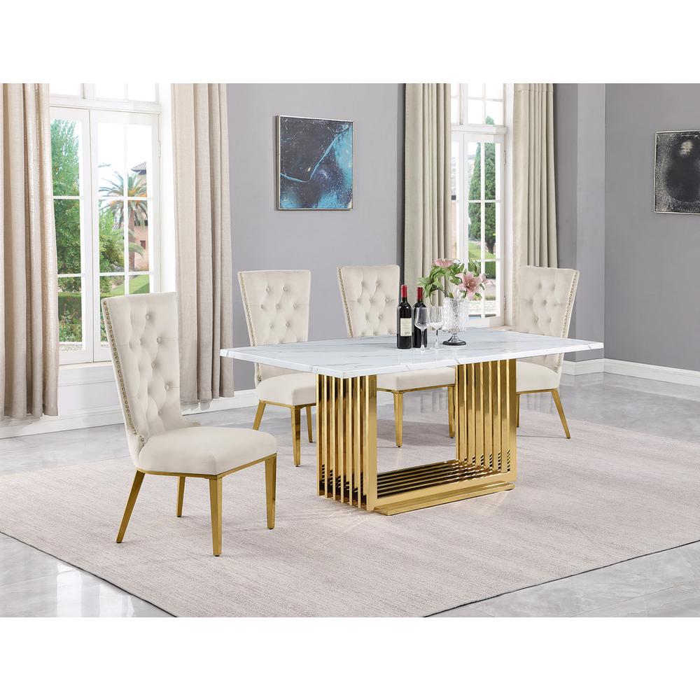 5pc Small(68") marble top dining set with gold base and 4 Cream side chairs. Picture 5