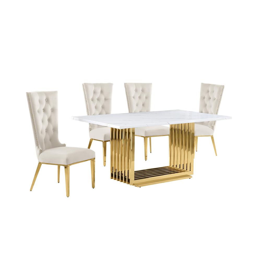 5pc Small(68") marble top dining set with gold base and 4 Cream side chairs. Picture 1