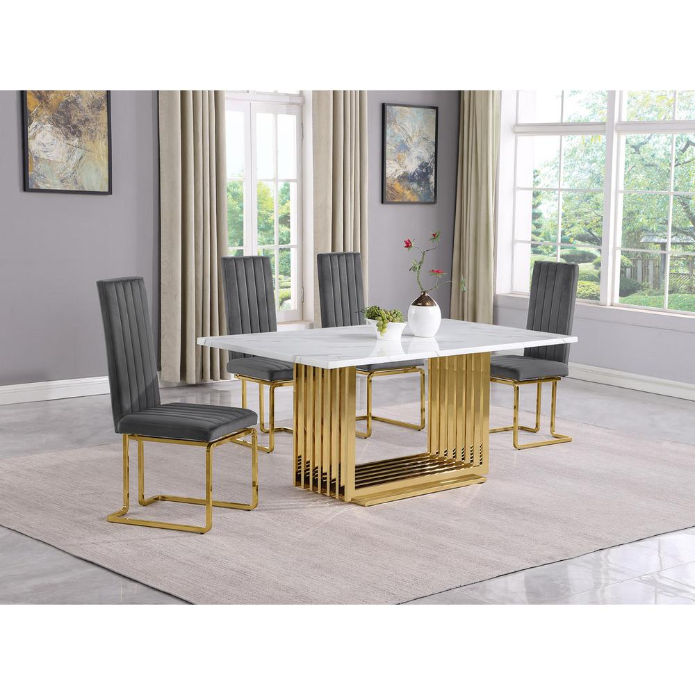 5pc Small(68") marble top dining set with gold base and 4 Dark grey side chairs. Picture 5