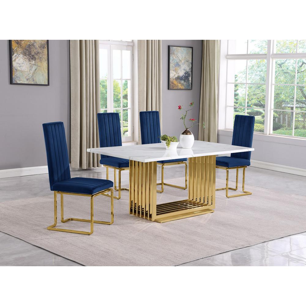 5pc Small(68") marble top dining set with gold base and 4 Navy Blue side chairs. Picture 5