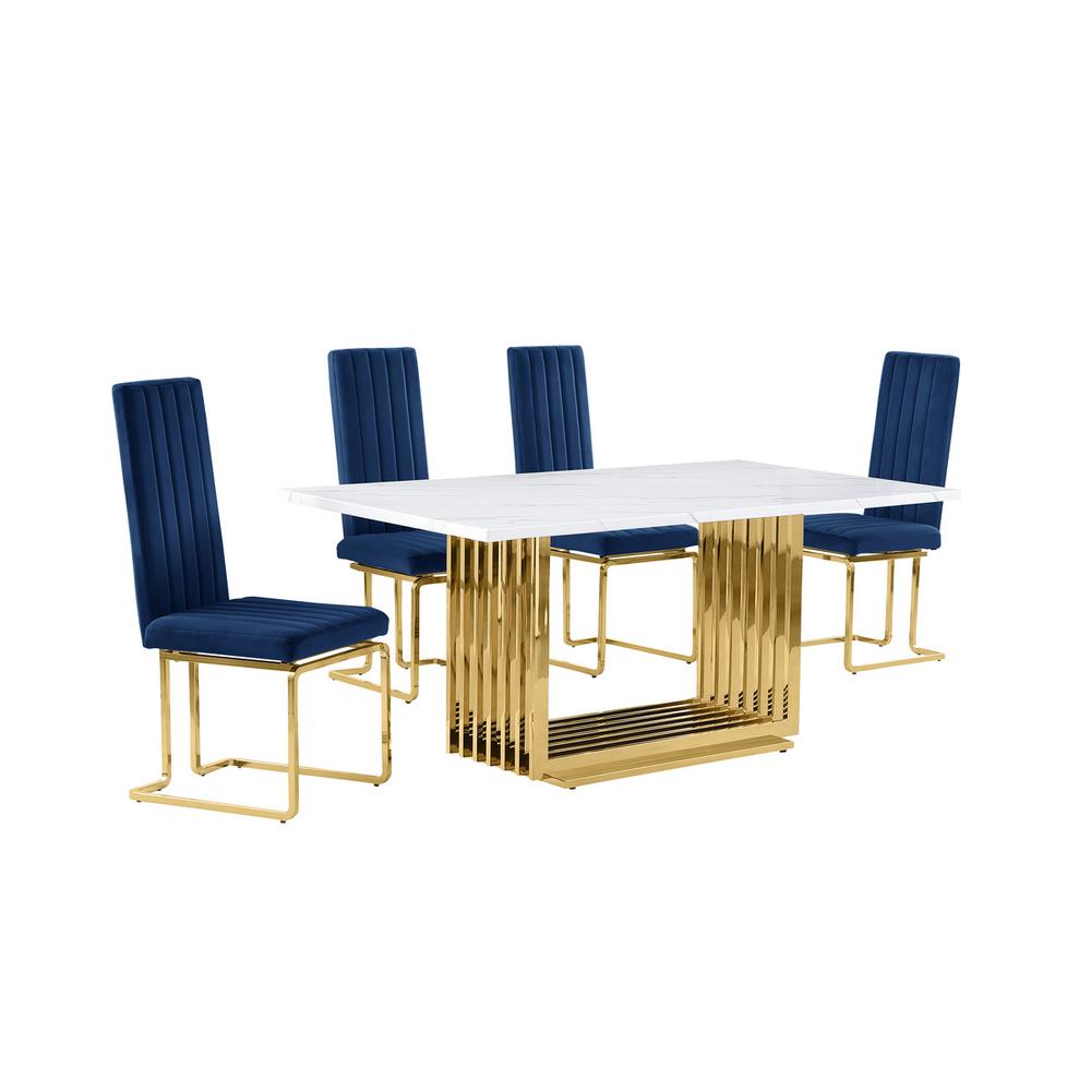 5pc Small(68") marble top dining set with gold base and 4 Navy Blue side chairs. Picture 1
