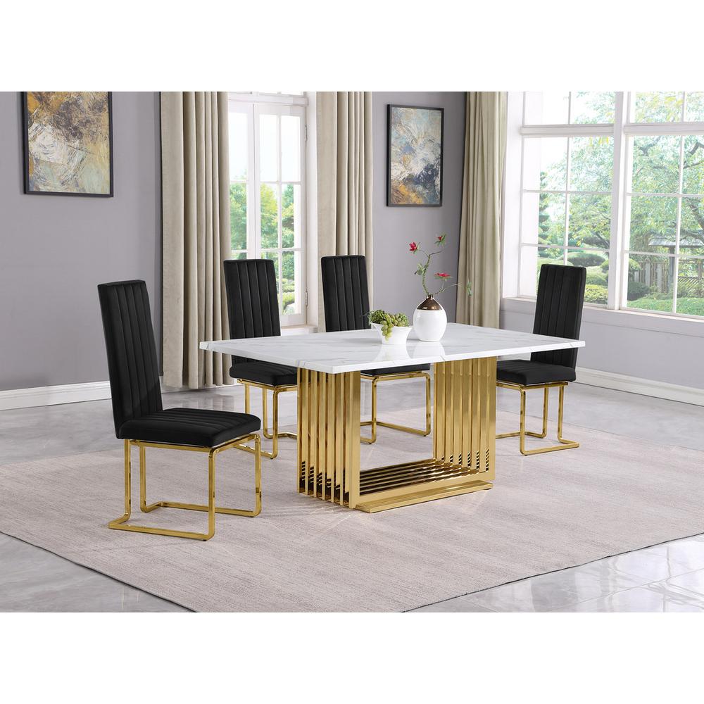 5pc Small(68") marble top dining set with gold base and 4 Black side chairs. Picture 5