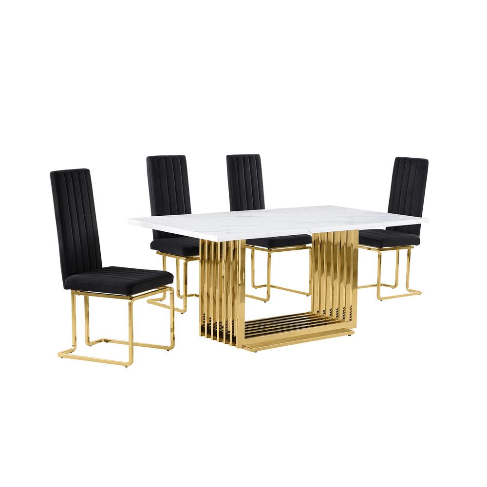 5pc Small(68") marble top dining set with gold base and 4 Black side chairs. Picture 1