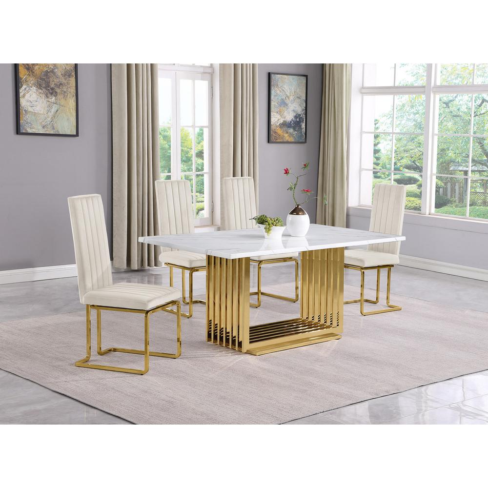 5pc Small(68") marble top dining set with gold base and 4 Cream side chairs. Picture 5