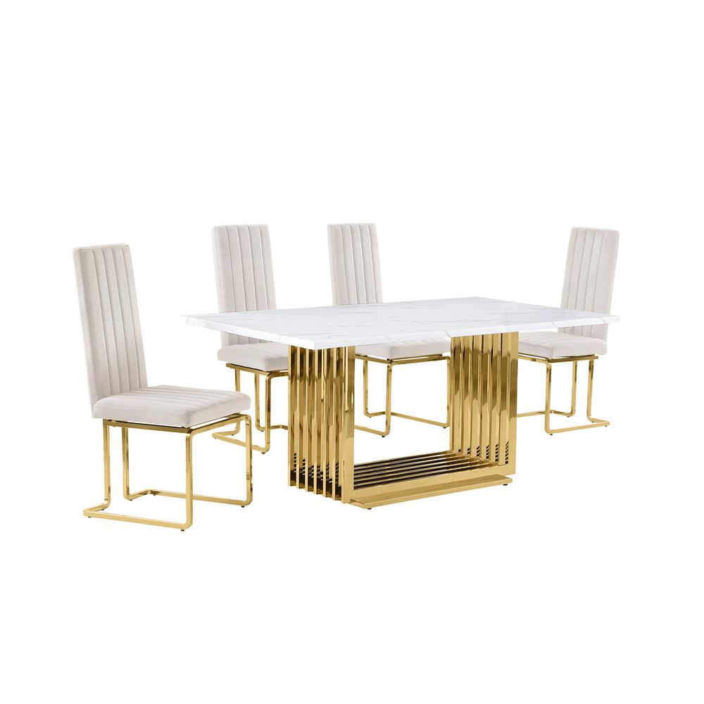5pc Small(68") marble top dining set with gold base and 4 Cream side chairs. Picture 1