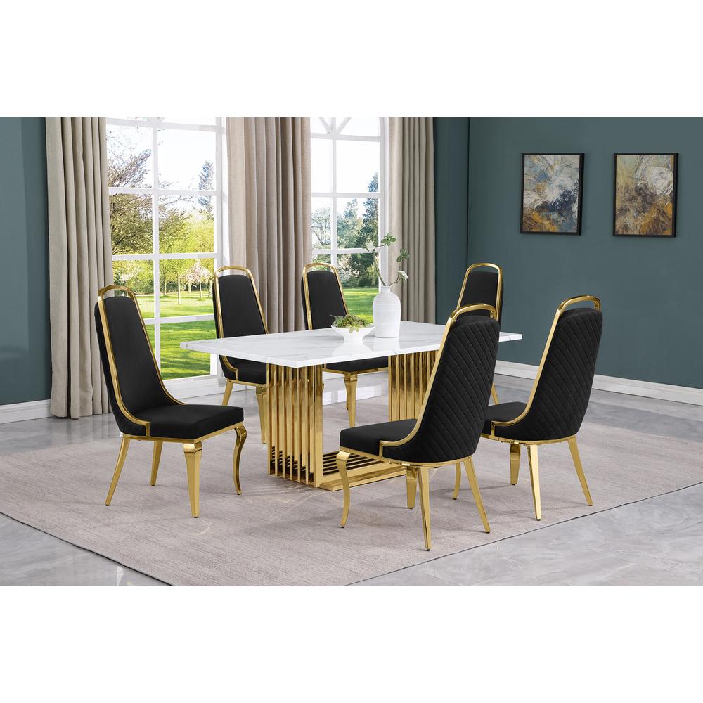 7pc Small(68") marble top dining set with gold base and 6 Black side chairs. Picture 5